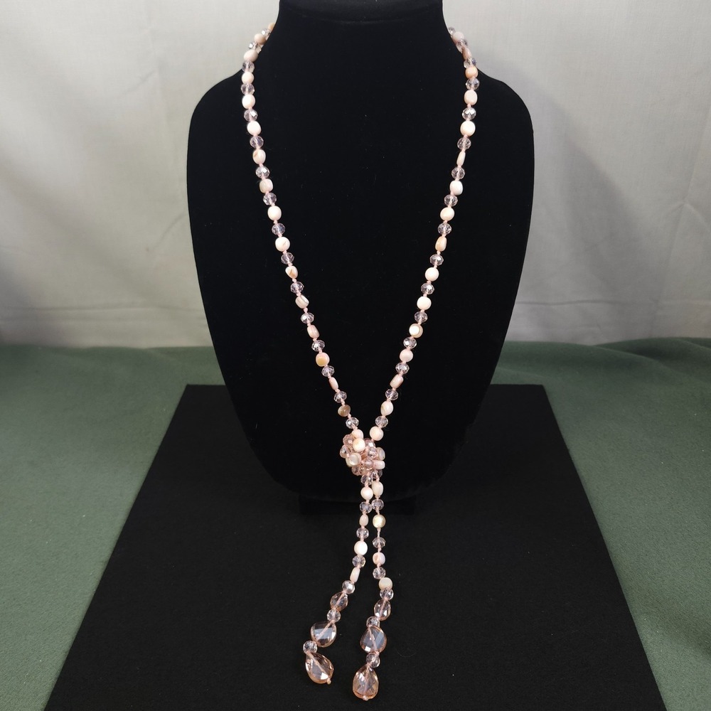 Tassel Lariat Style Necklace Pink Beads 80's 90's Jewelry